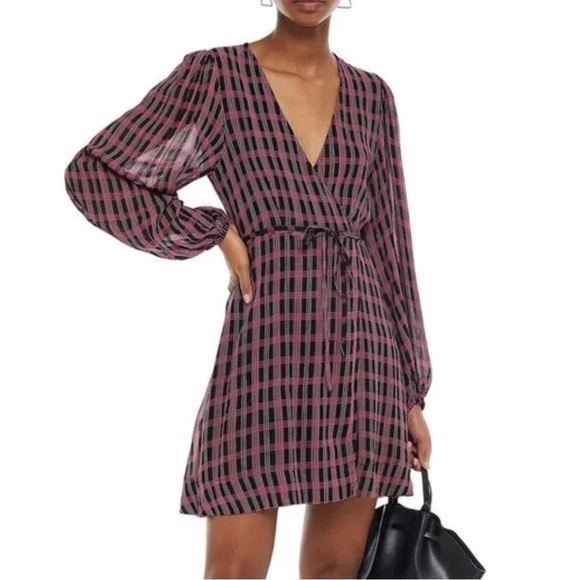 Ganni Georgette Plaid Check Mini Wrap Dress - Picture 2 of 7